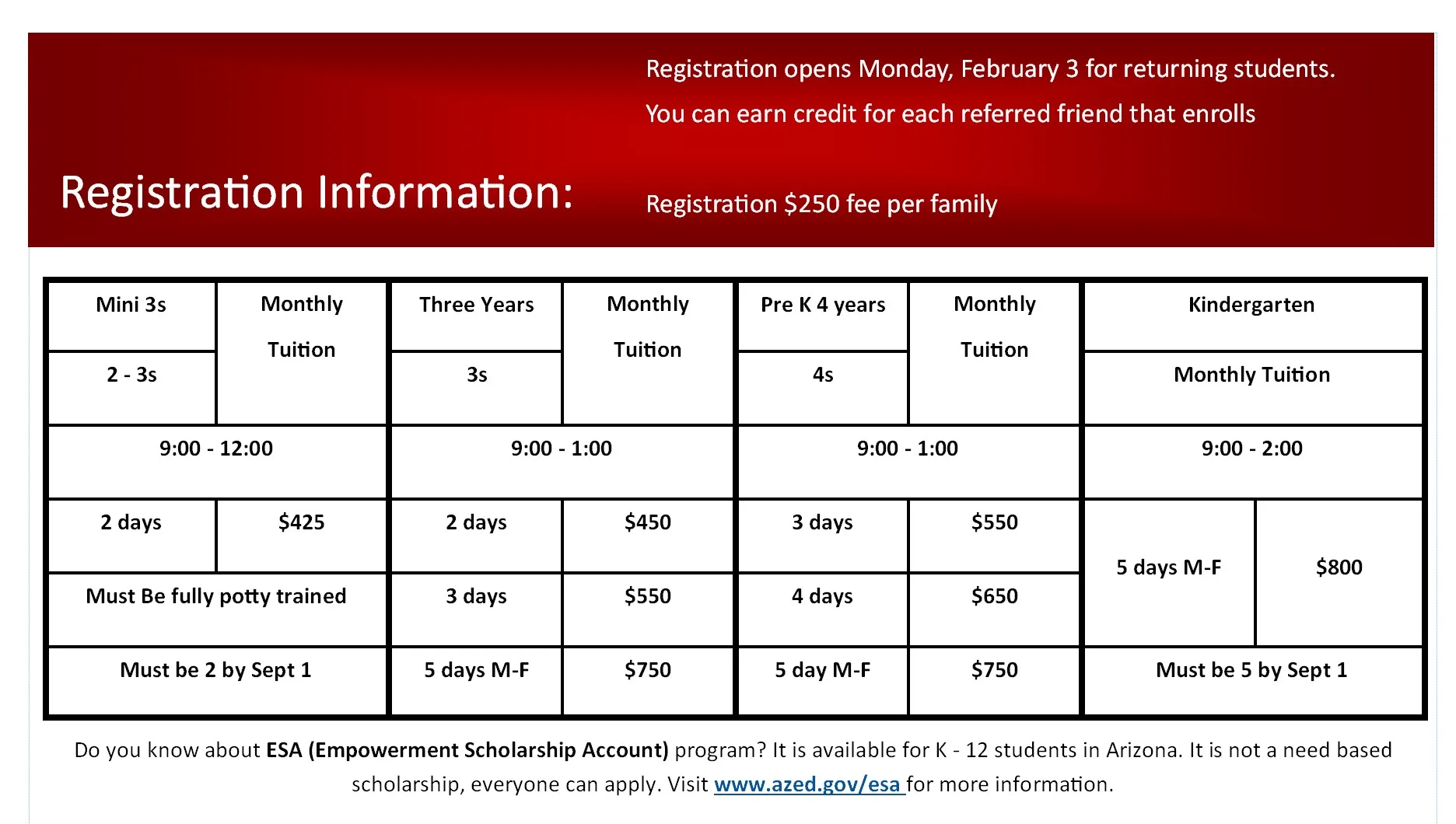 2025/2026 registration info chart